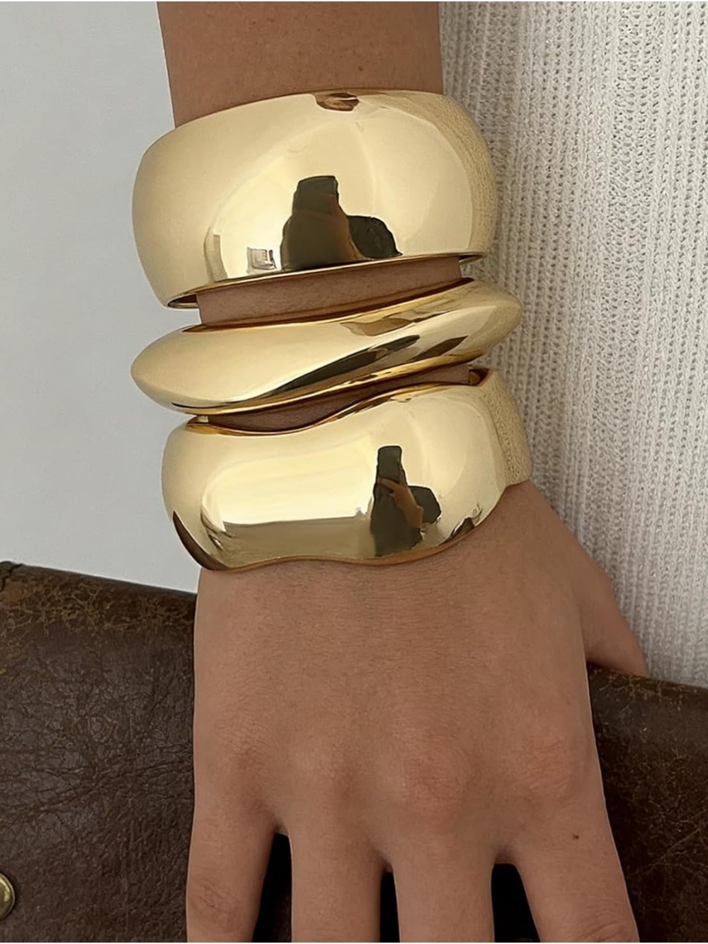 14K Gold Plated Sculptural Stackable Bangle Bracelet Set